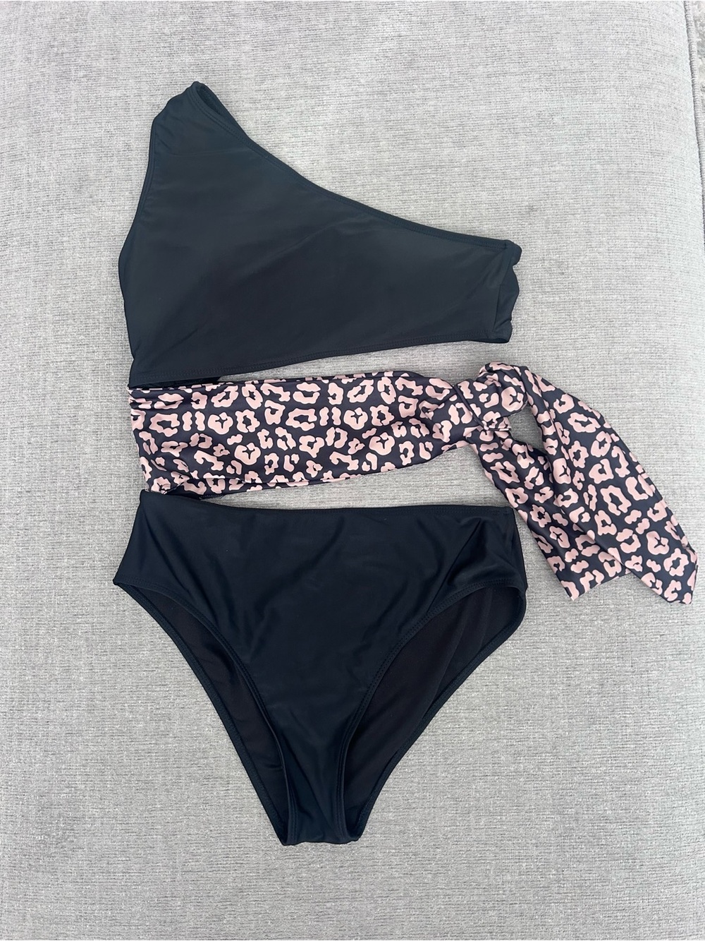 Black One-Shoulder Bikini with Tan Leopard Tie